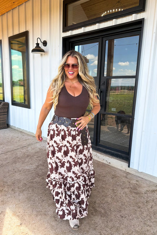 Wander West Maxi Skirt in Cow