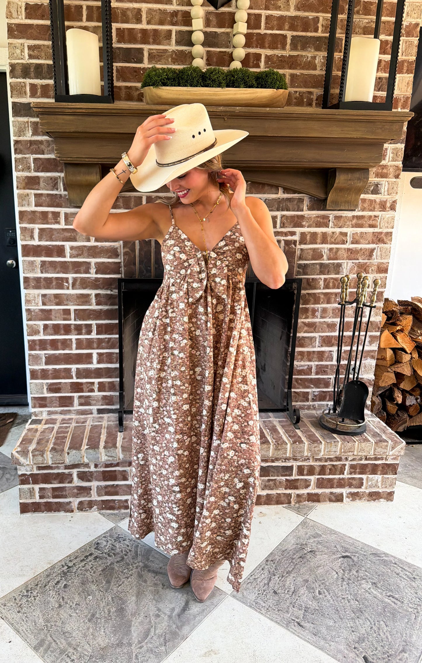 Western Charm Maxi Dress - Brown Floral