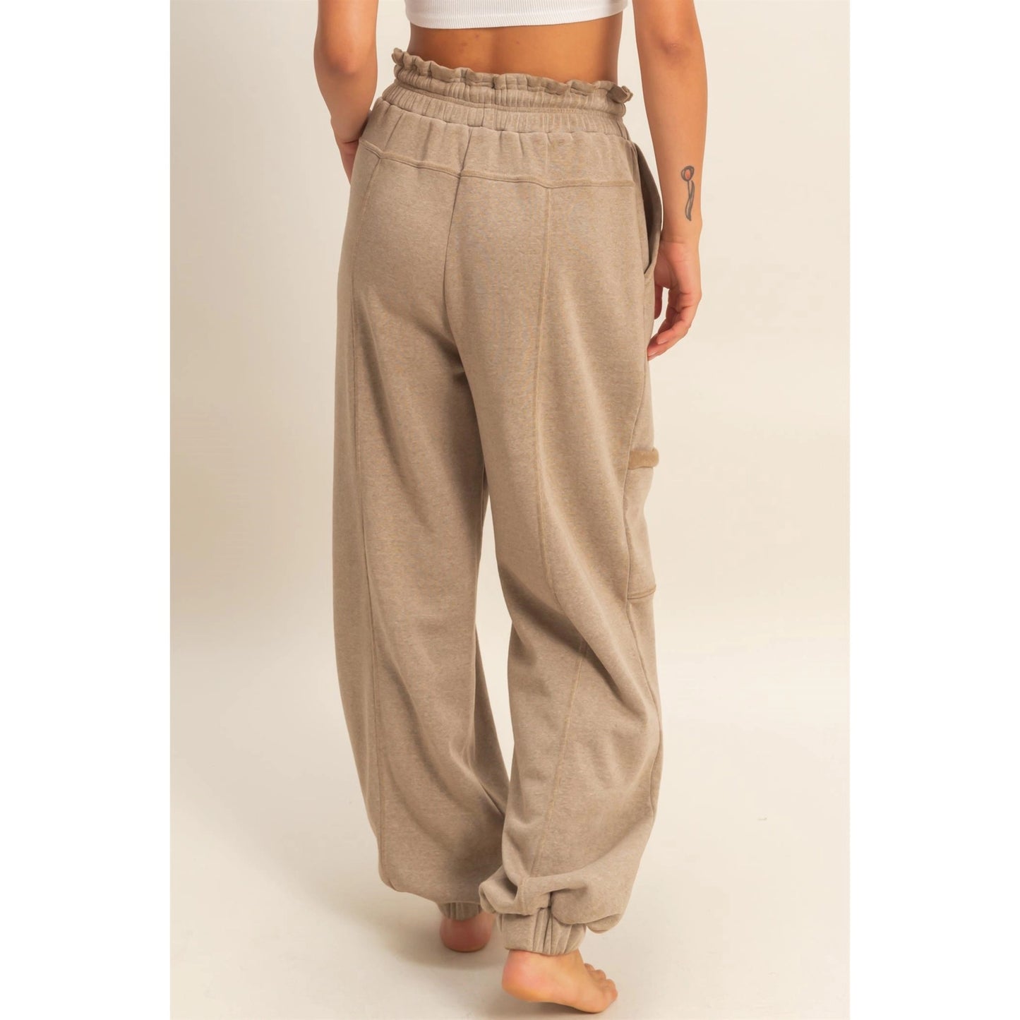 Mocha Gray Ruffle Waist Burnout Jogger Pants