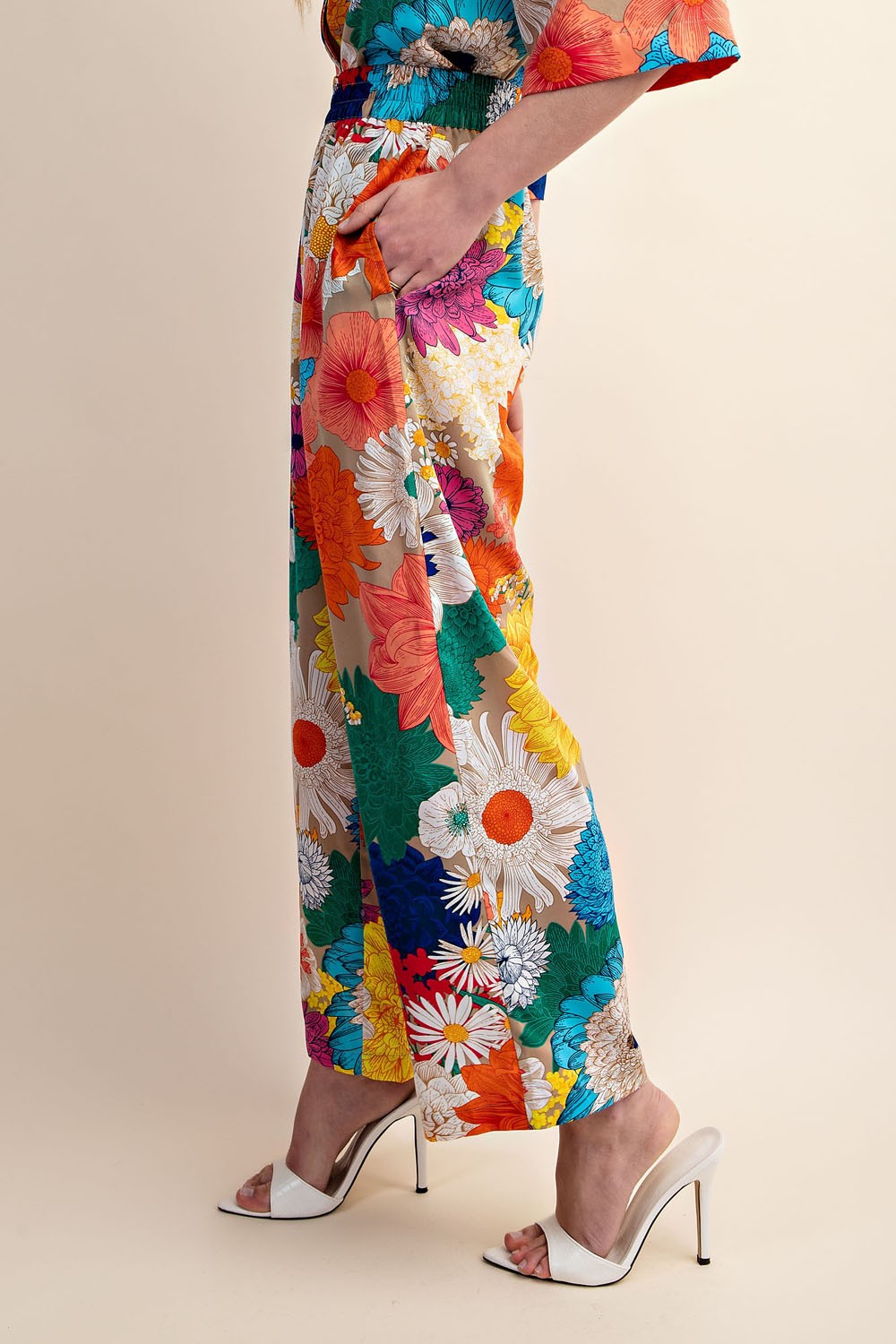 Vibrant Floral Print Elastic Waist Pant