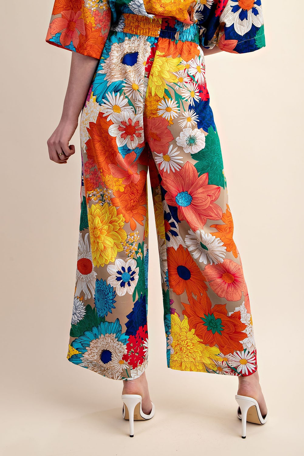 Vibrant Floral Print Elastic Waist Pant