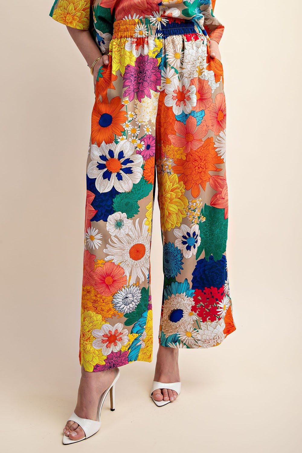 Vibrant Floral Print Elastic Waist Pant