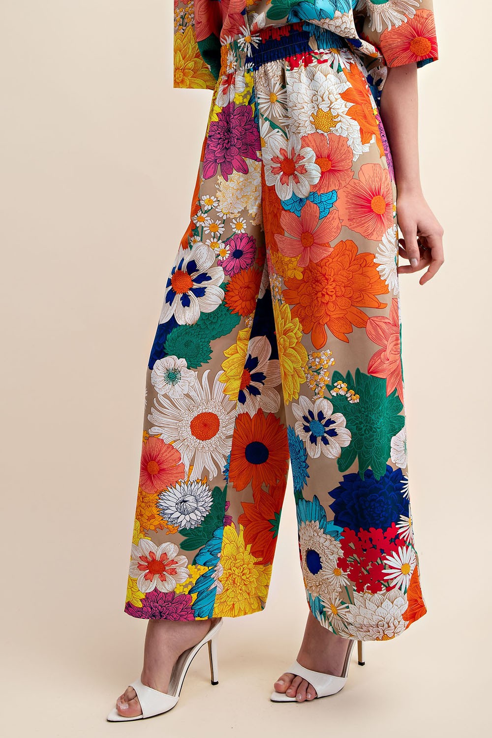 Vibrant Floral Print Elastic Waist Pant