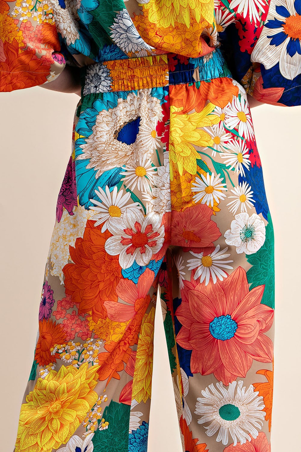 Vibrant Floral Print Elastic Waist Pant