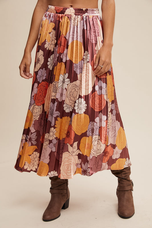 Floral Print Pleated Maxi Skirt