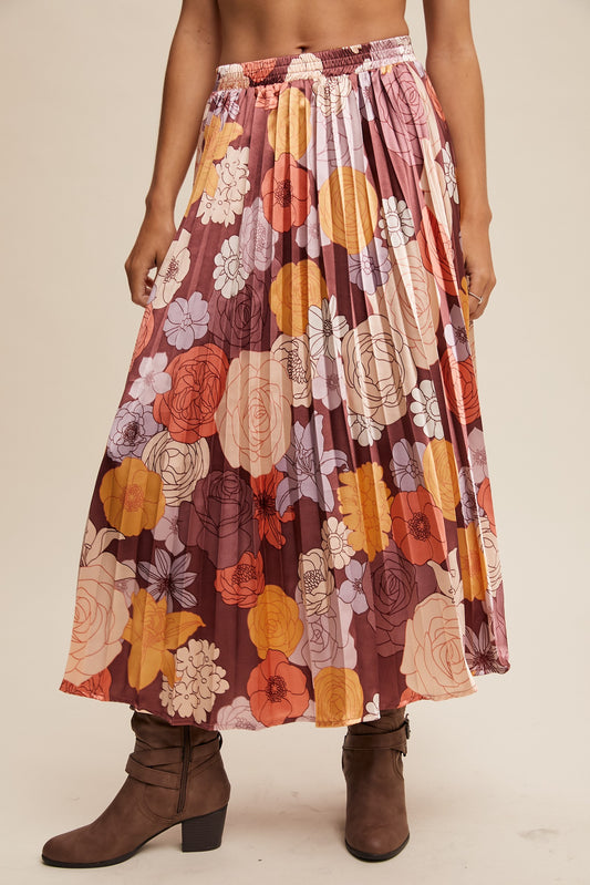 Floral Print Pleated Maxi Skirt
