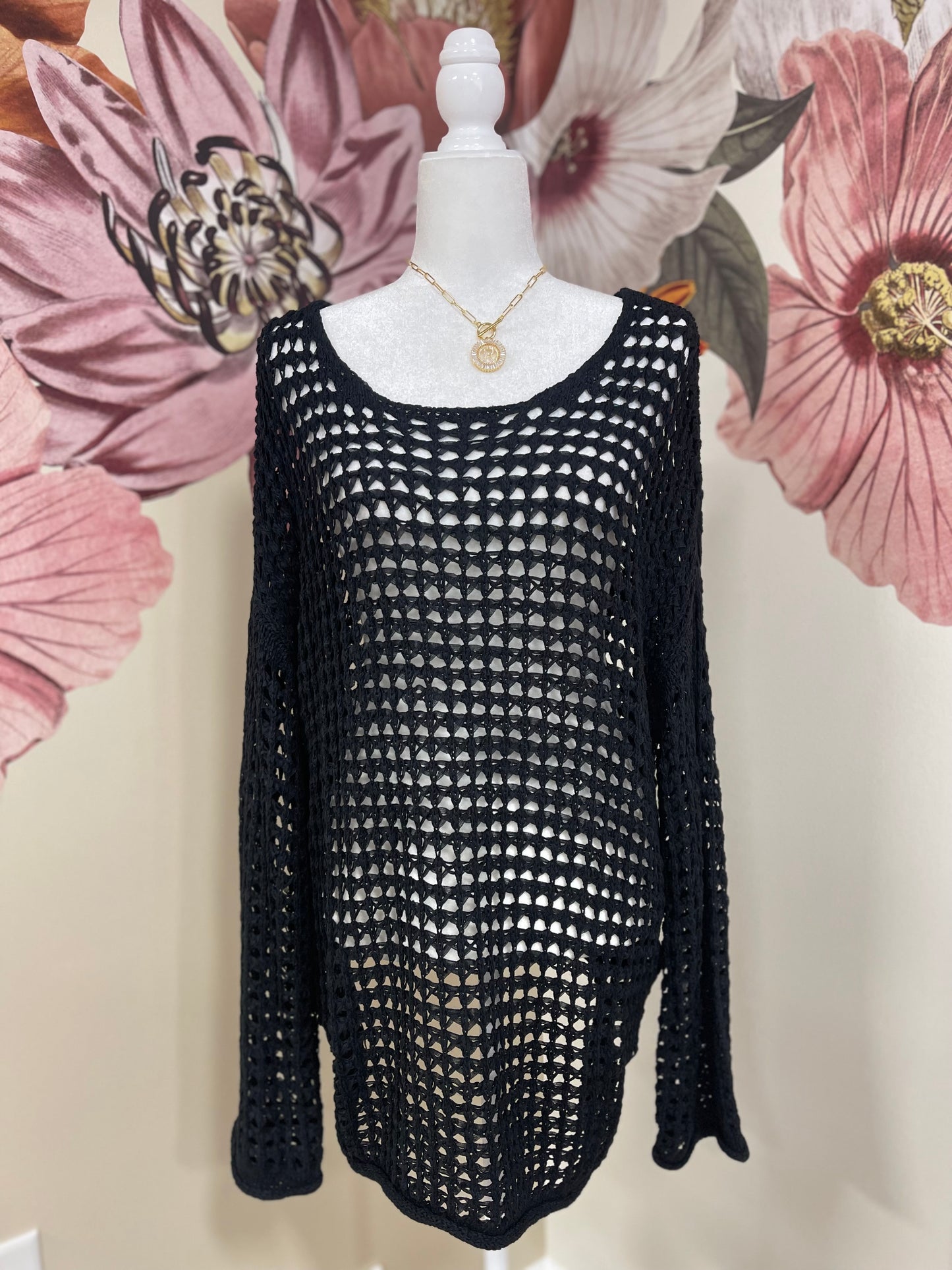 Sheer Crochet Pullover in Black