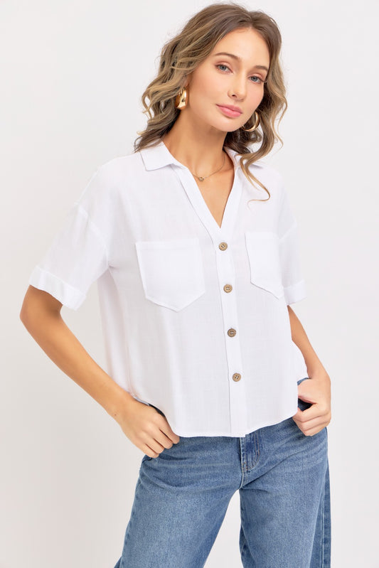 White Linen Blend Casual Shirt