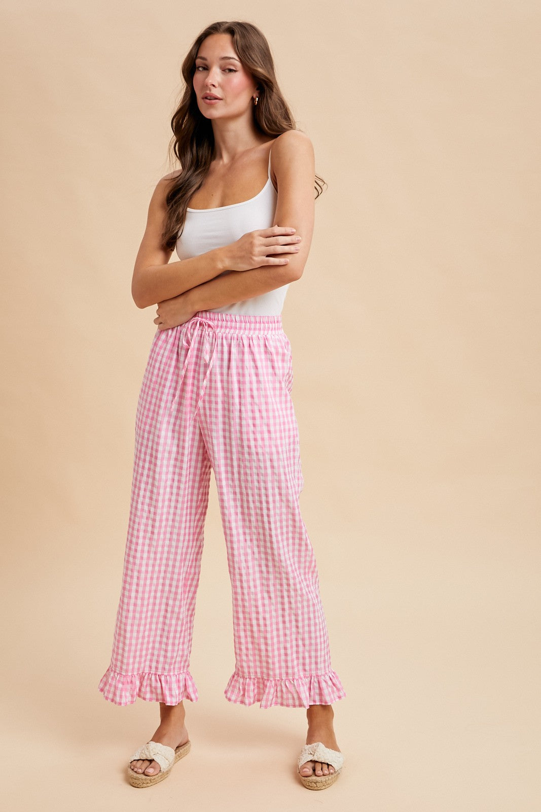Pink Plaid Ruffle Hem Pant