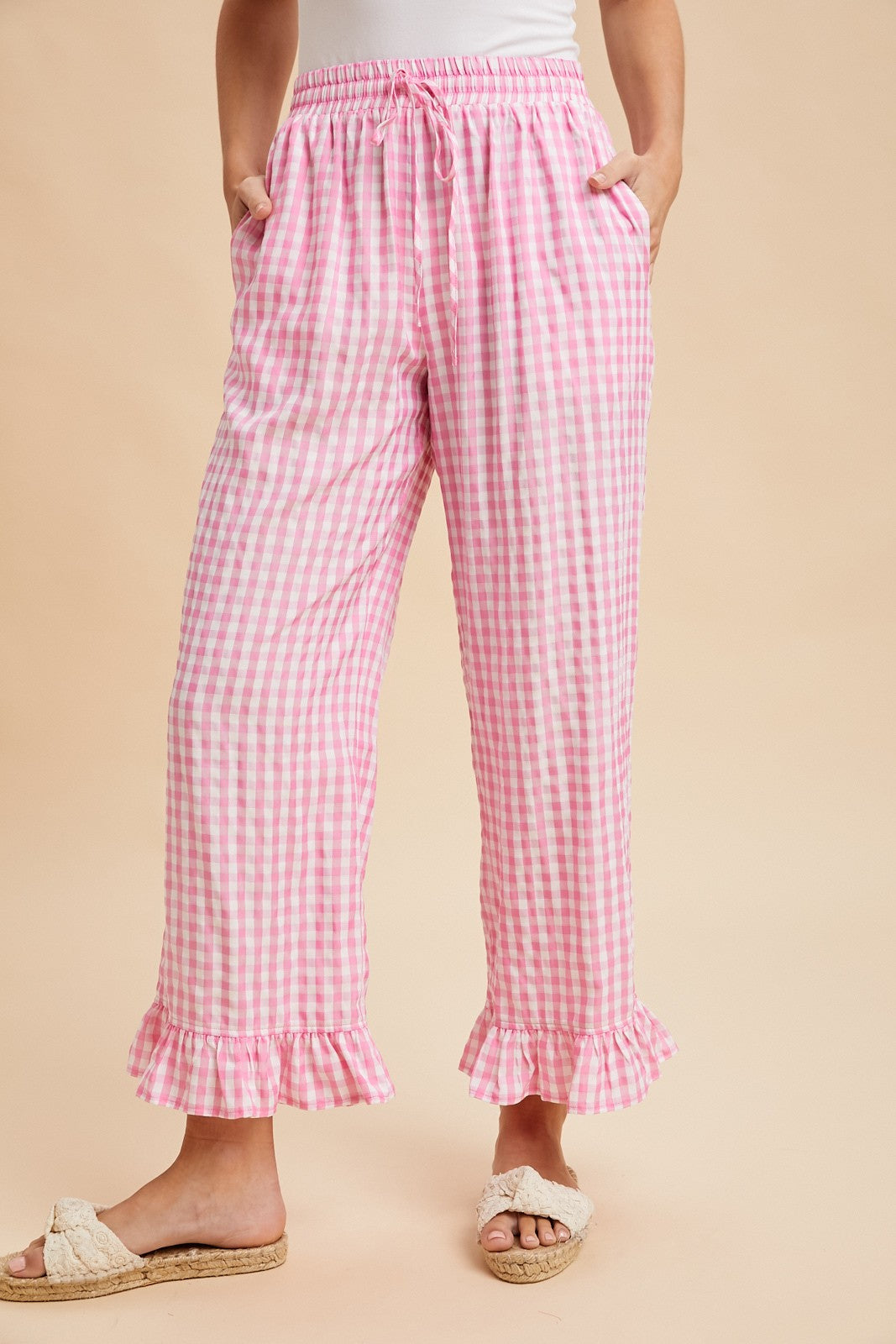 Pink Plaid Ruffle Hem Pant