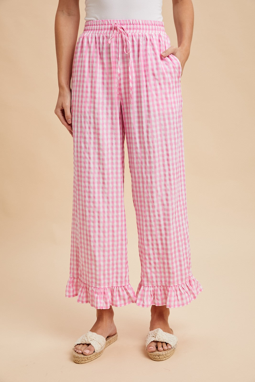 Pink Plaid Ruffle Hem Pant