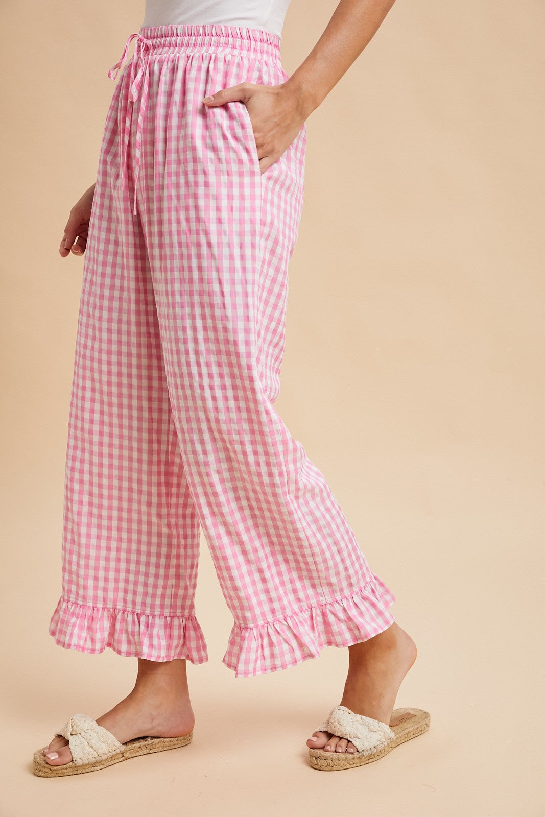 Pink Plaid Ruffle Hem Pant