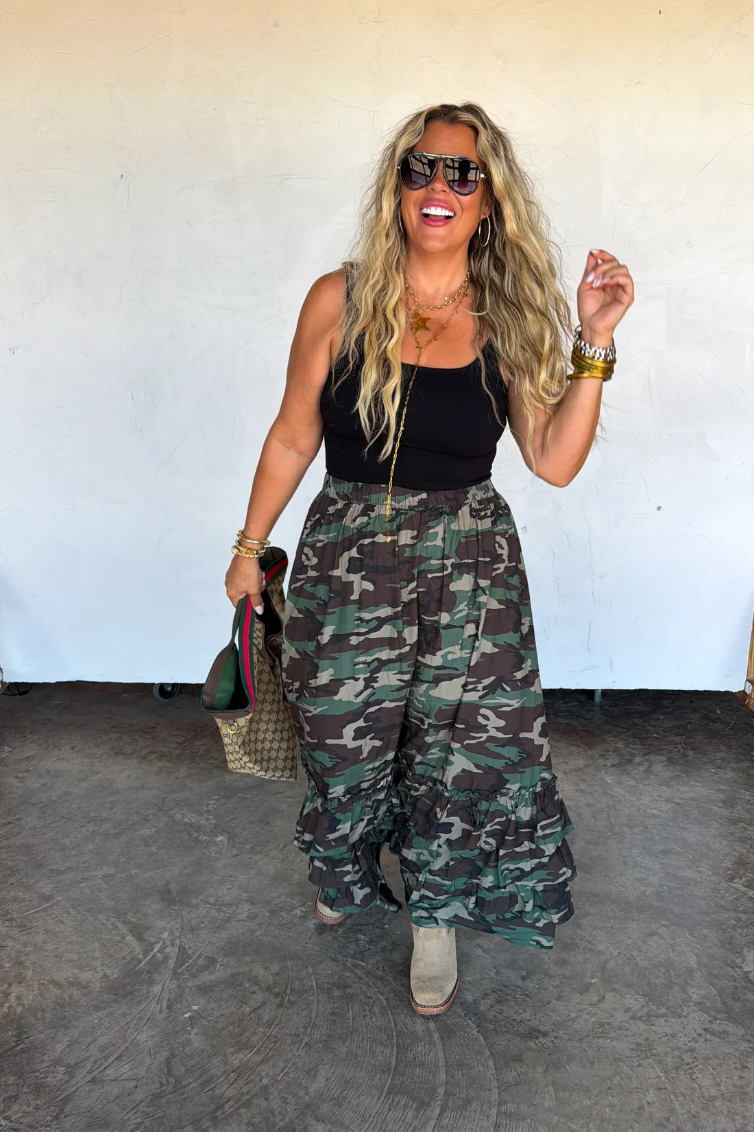 hidden gem camo maxi skirt