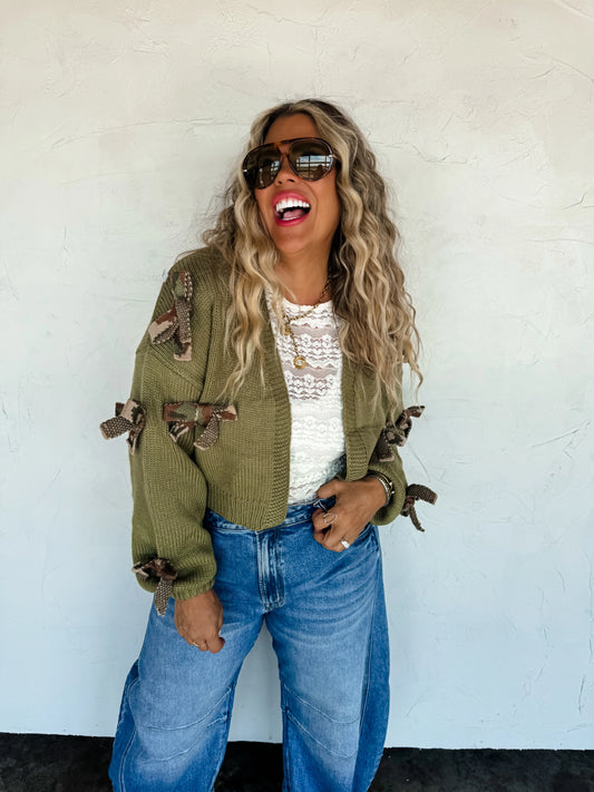 Sloane Bow Knit Cardigan Olive Camo  [[PRE-ORDER]]