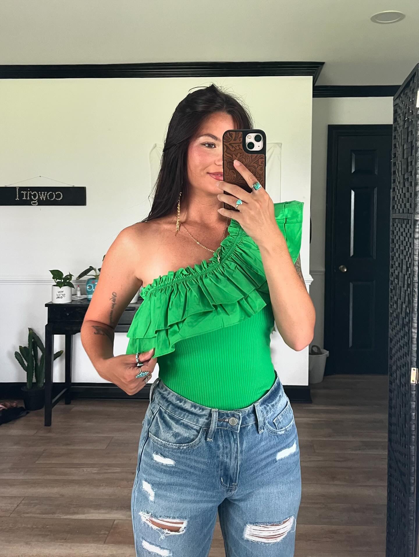 Green Ruffled Flounce One Shoulder Bodysuit