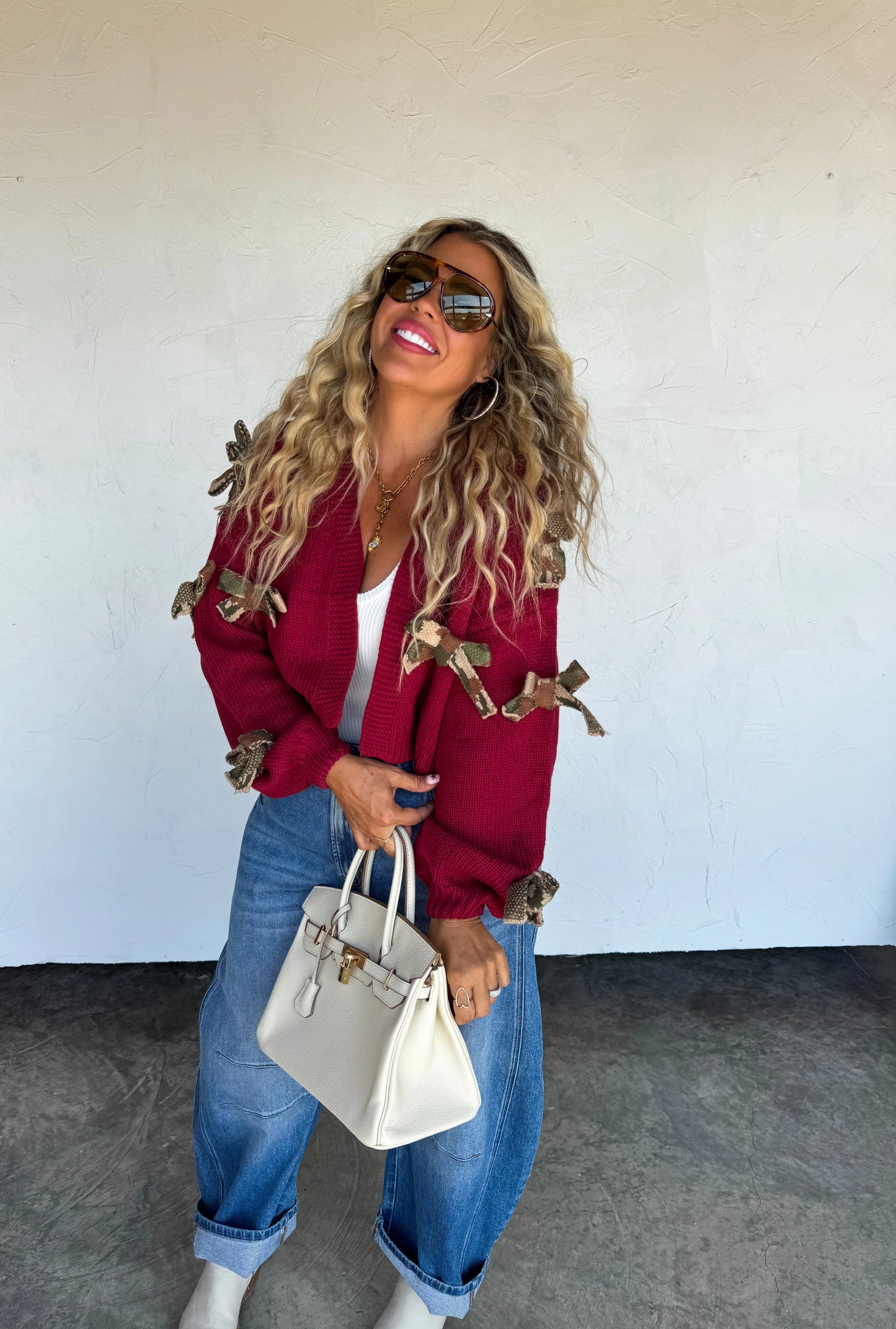 Sloane Bow Knit Cardigan Burgundy Camo  [[PRE-ORDER]]