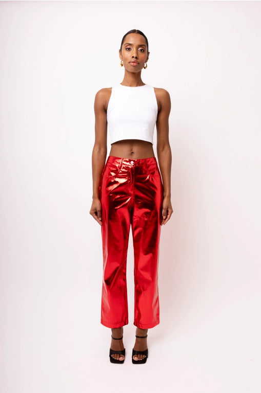 Red Faux Leather Metallic Pants