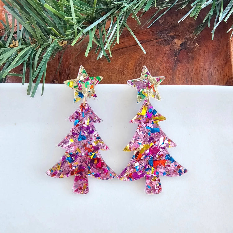 Pink Sparkle Christmas Tree Earring