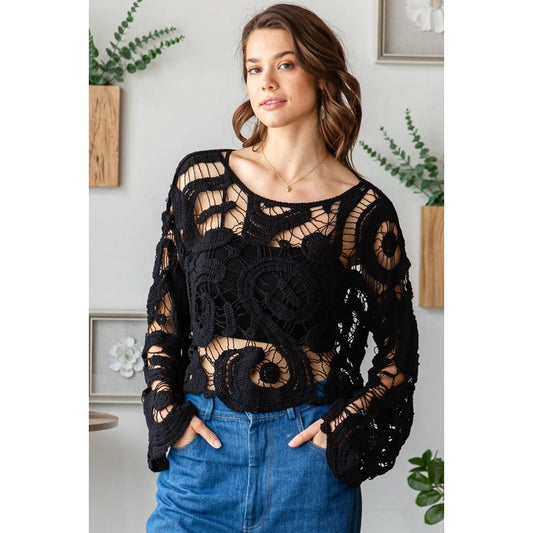 Crochet Lace Knit Top in Black