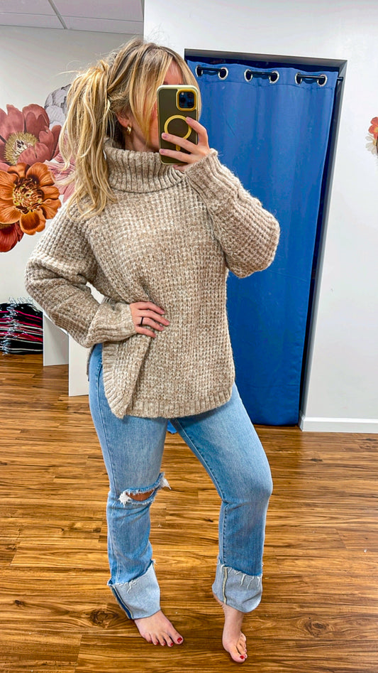 Latte Ribbed Turtleneck Sweater