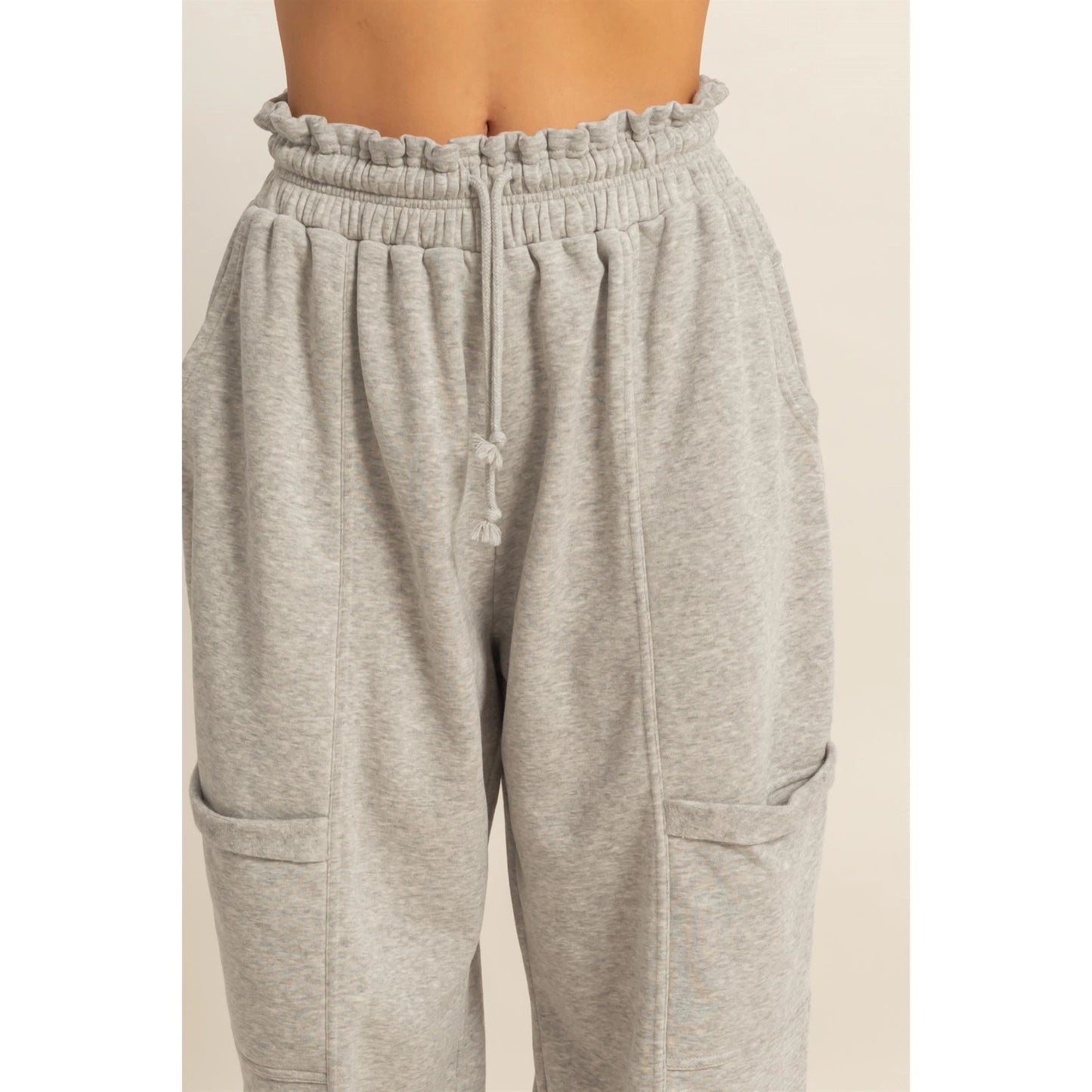 Heather Gray Ruffle Waist Burnout Jogger Pants