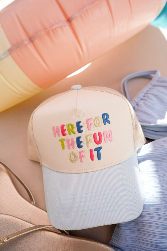 Here for the Fun of it - Baby Blue Corduroy Trucker Hat