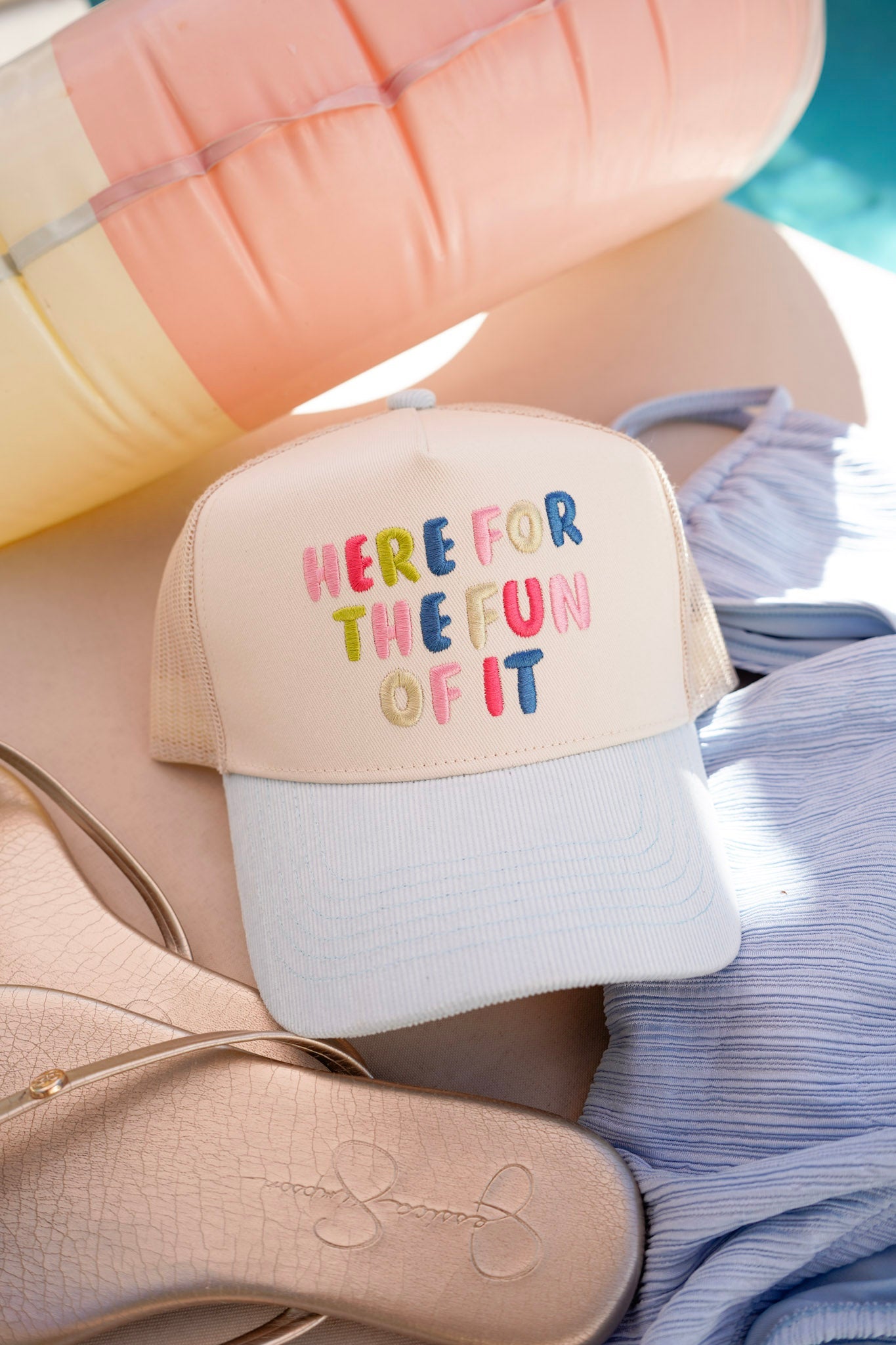 Here for the Fun of it - Baby Blue Corduroy Trucker Hat