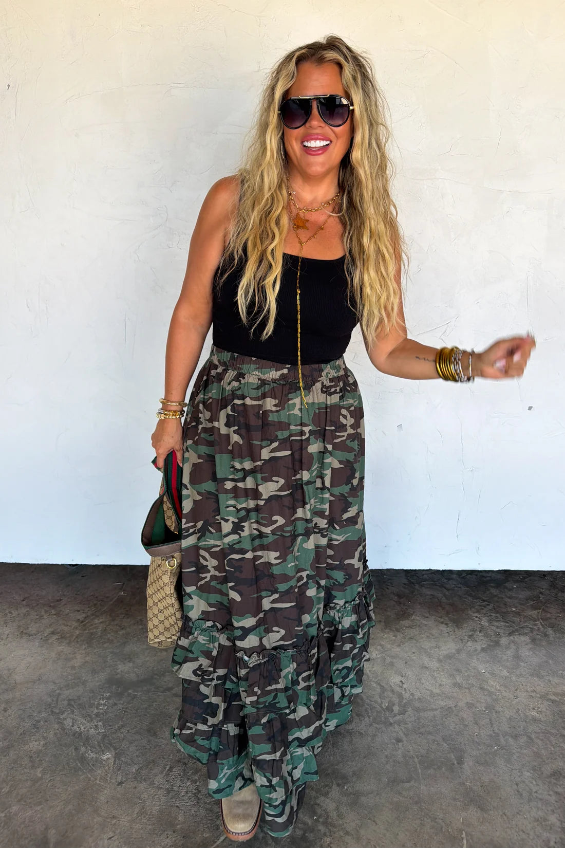 hidden gem camo maxi skirt