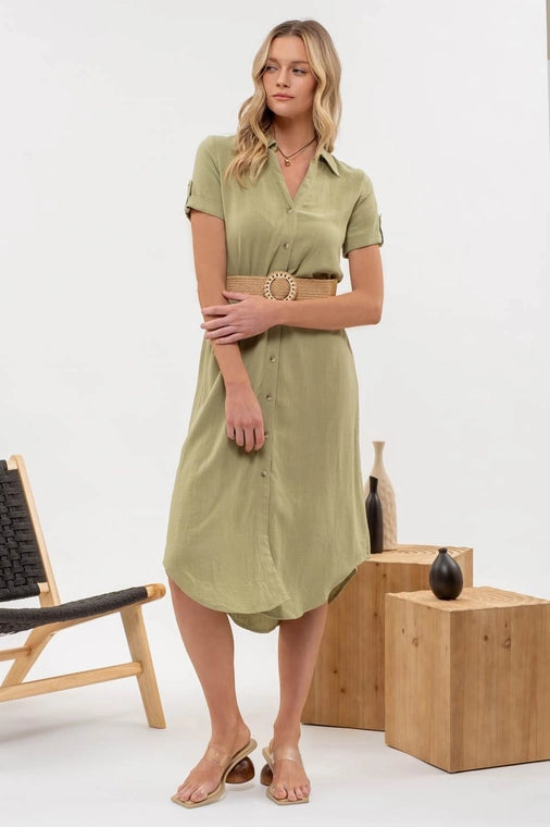 Collared Button Down Belted Midi Dress (Olive)