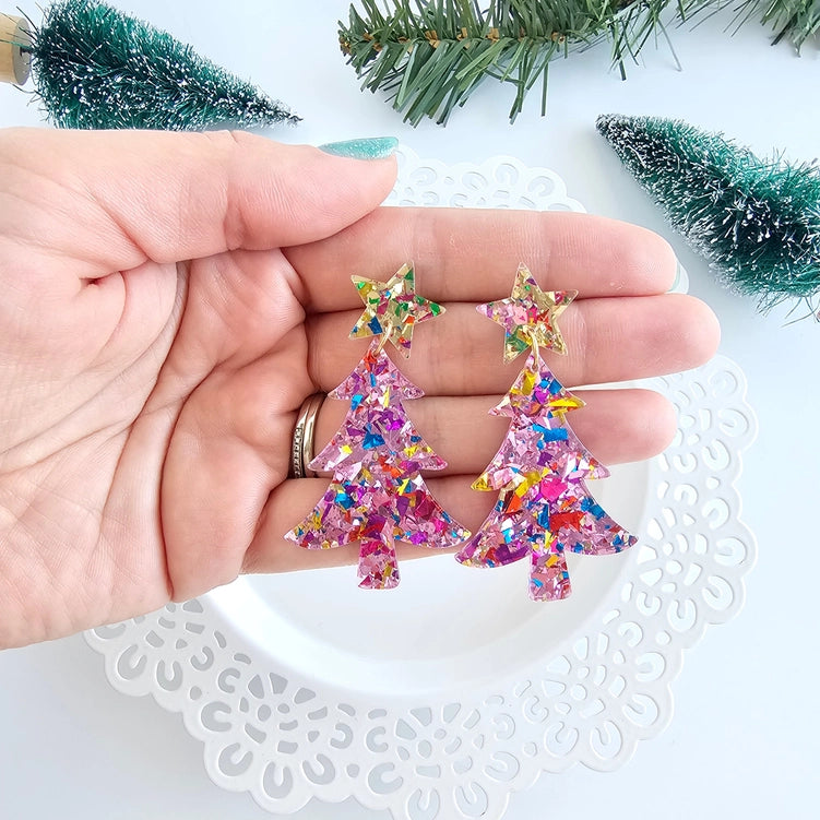 Pink Sparkle Christmas Tree Earring