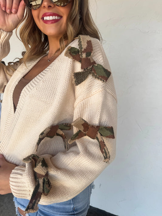 Sloane Bow Knit Cardigan Oatmeal Camo  [[PRE-ORDER]]