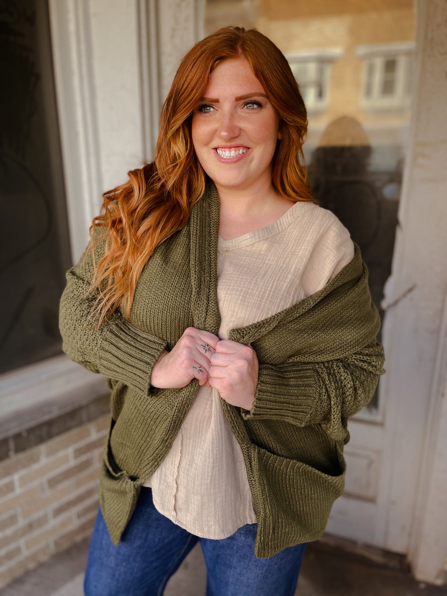 Olive Green Dolman Sleeve Cardigan (Plus Size)