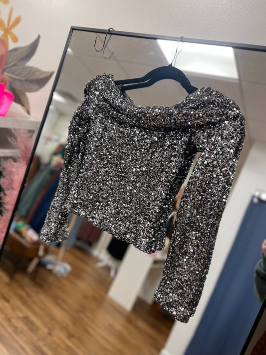 Gunmetal Sequin Off The Shoulder Top