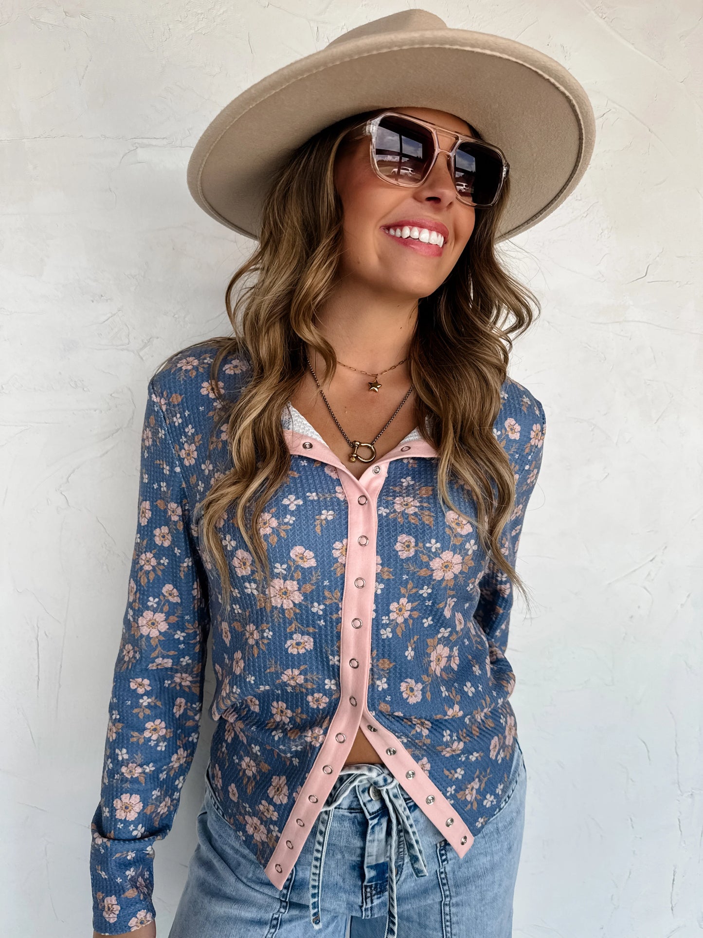 Kori Snap Button Waffle Top in Blue Floral [[PRE-ORDER]]