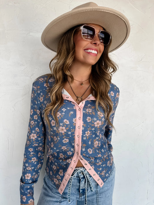 Kori Snap Button Waffle Top in Blue Floral [[PRE-ORDER]]
