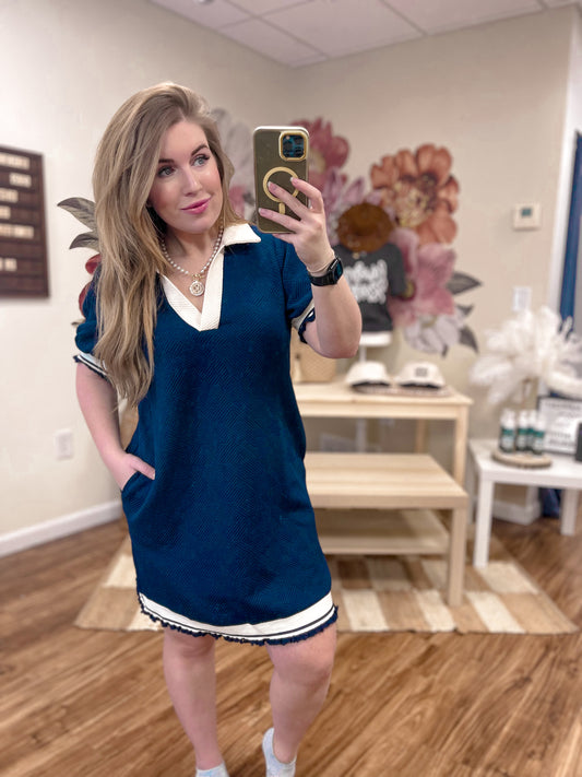 Navy Jacquard Dress