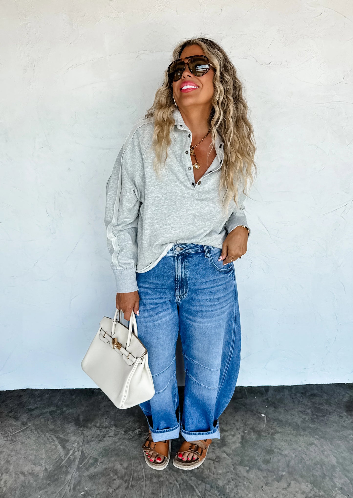 LONGER LENGTH MARLEY SNAP BUTTON SWEATSHIRT in GRAY [[PRE-ORDER]]