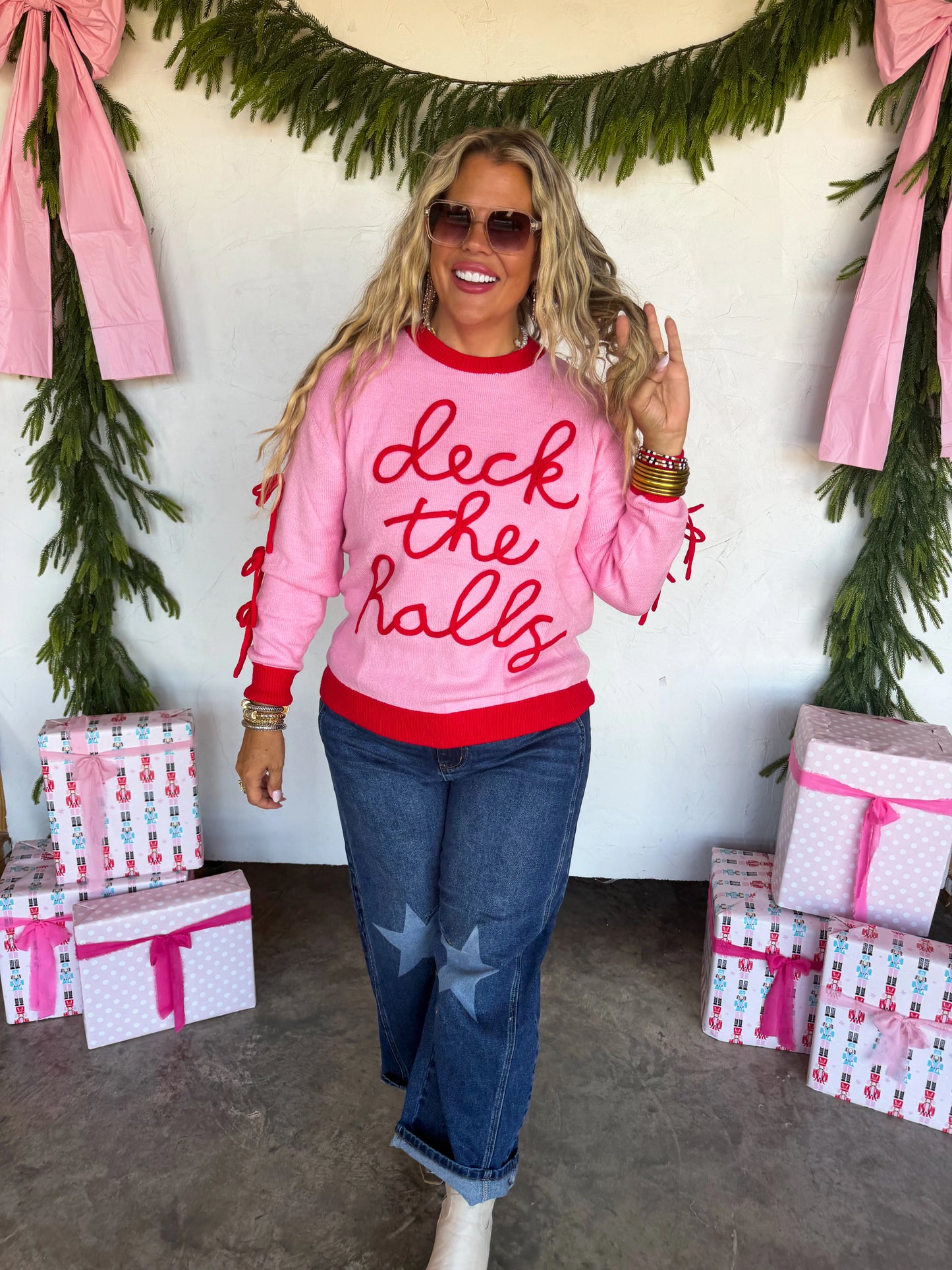 Deck the Halls Bow Sweater in Pink
