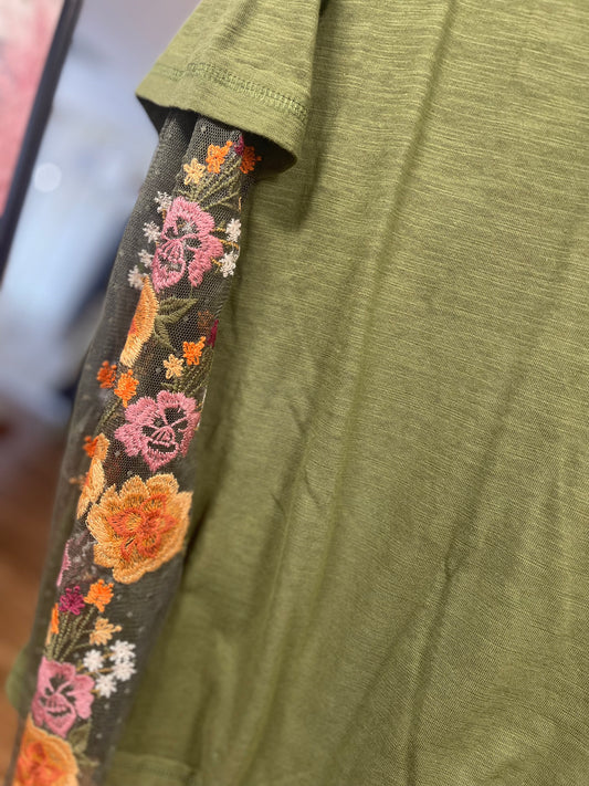 Olive Embroidered Twofer Sleeve Top