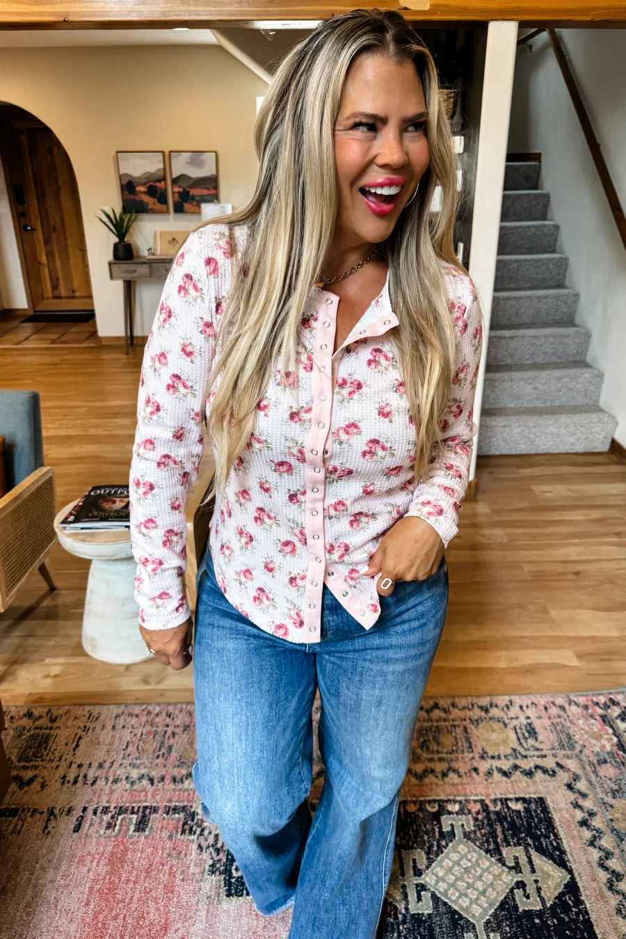 Kori Snap Button Waffle Top in Pink Floral [[PRE-ORDER]]