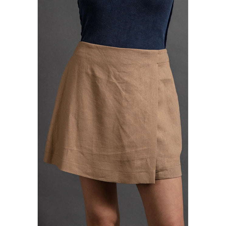 Linen Wrap Skort in Camel