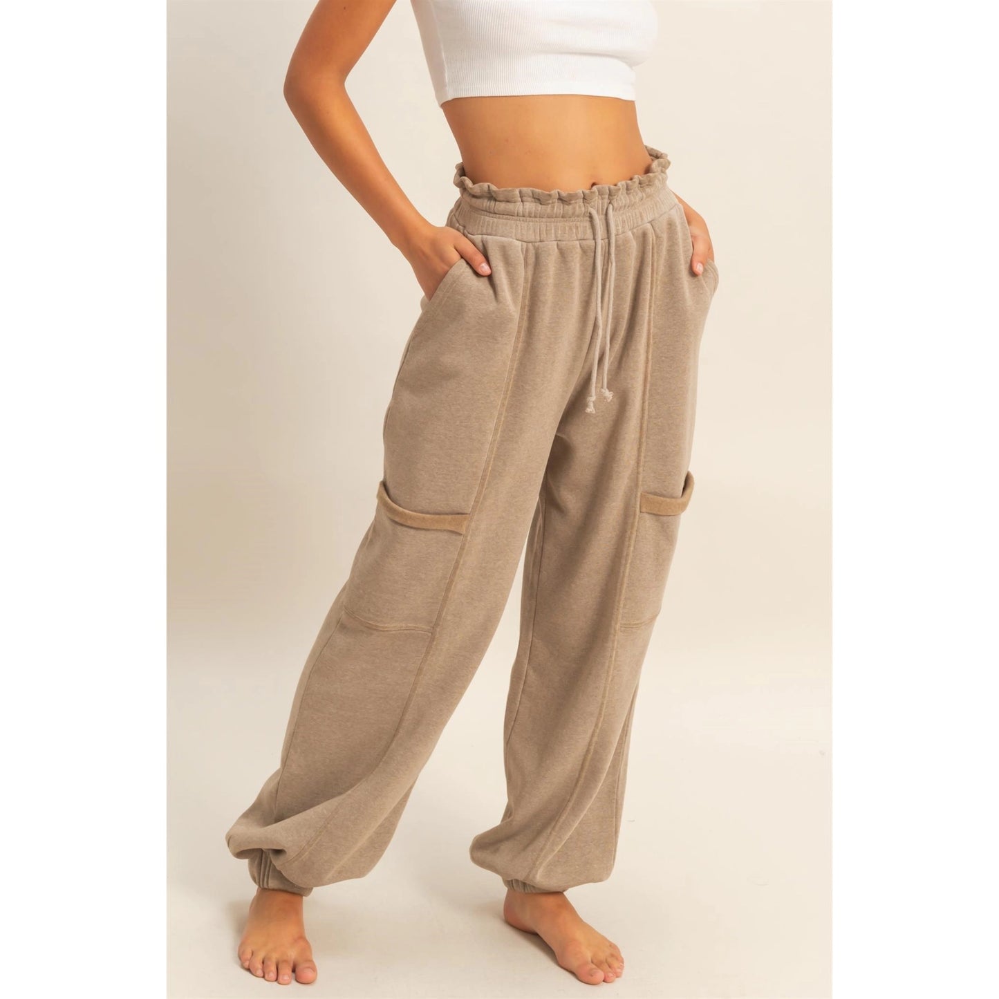 Mocha Gray Ruffle Waist Burnout Jogger Pants