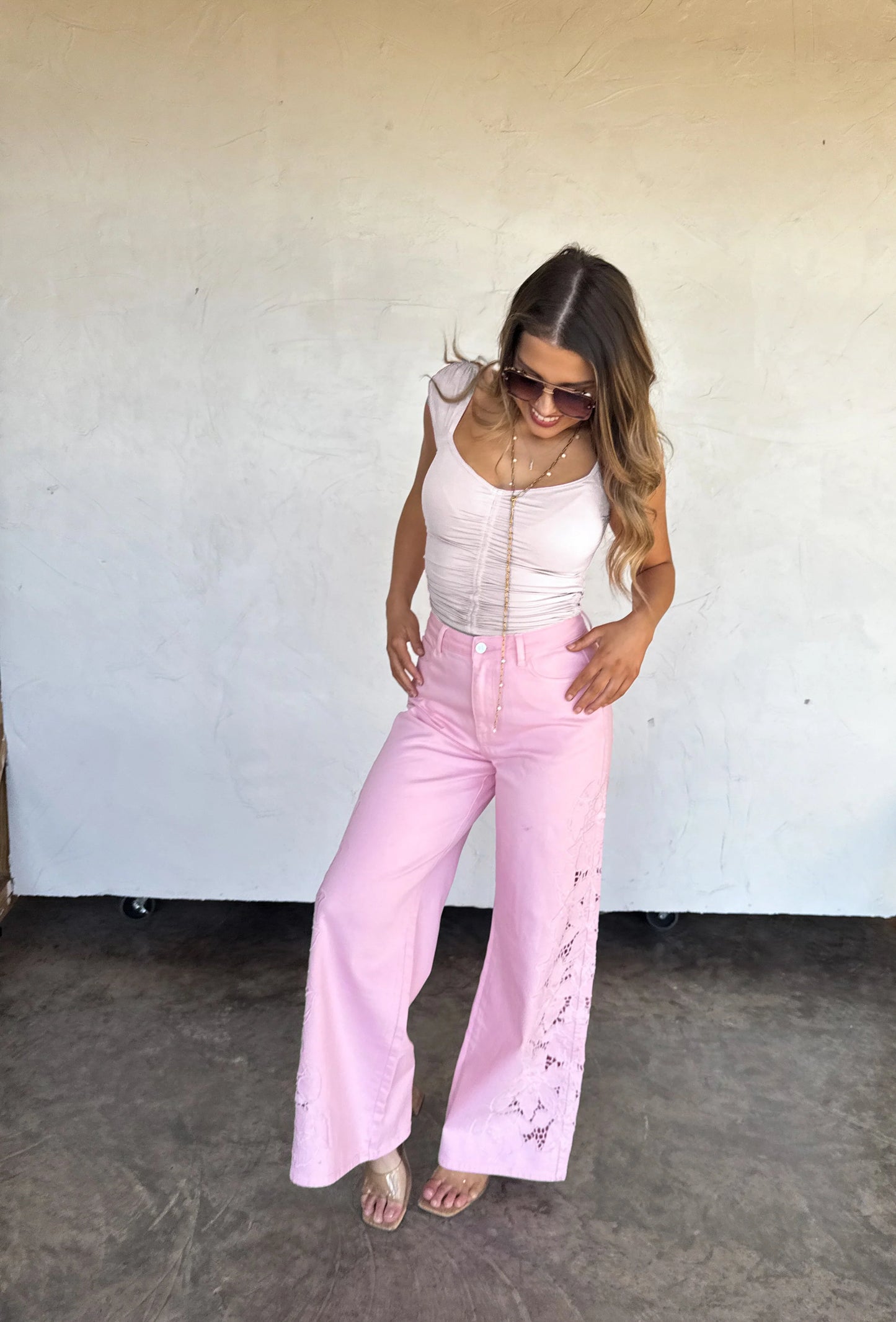 PINK FLORAL CHARM WIDE LEG JEAN [[PRE-ORDER]]
