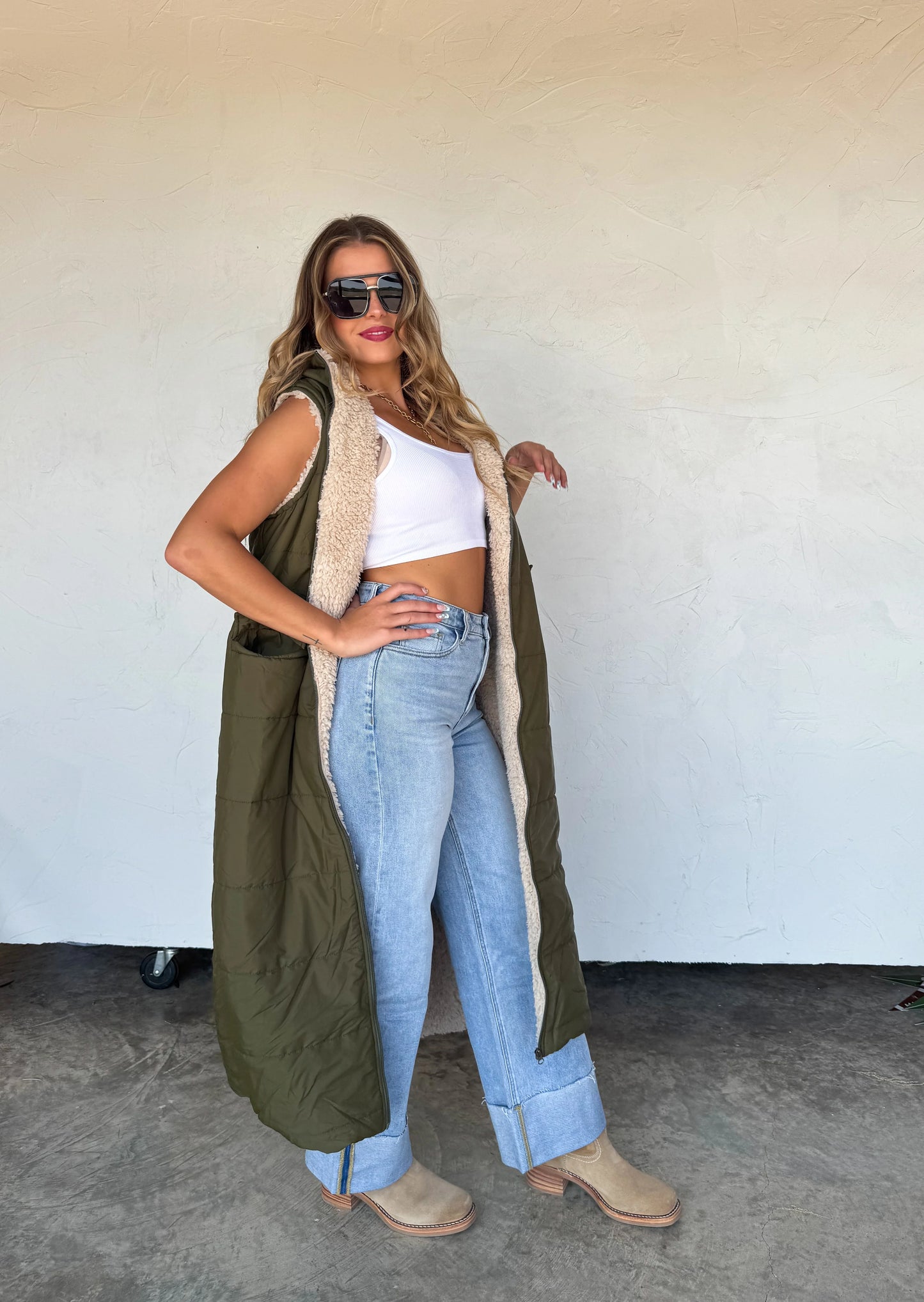 Reversible Sherpa Puffer Vest in Olive [[PRE-ORDER]]