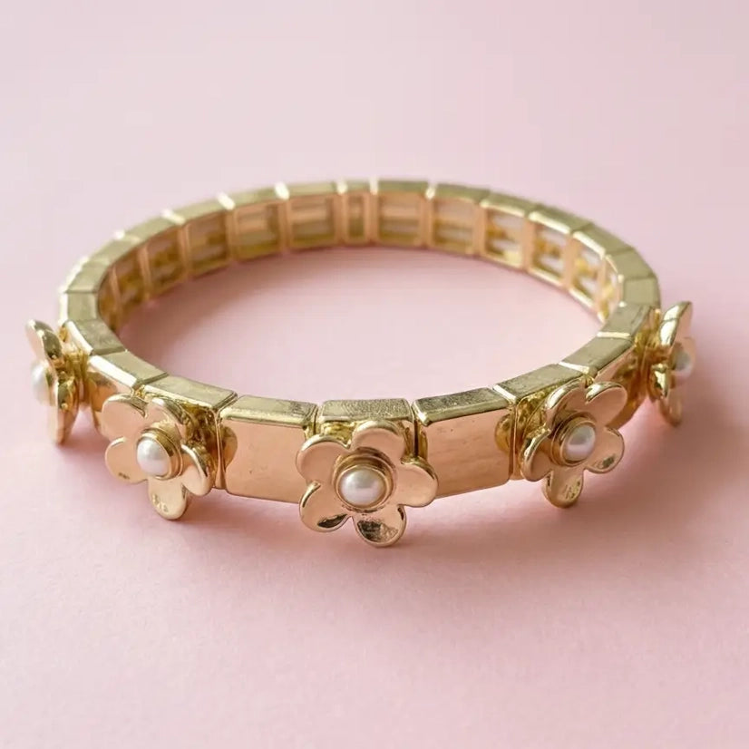 Poppy Gold Flowers + Pearl Bracelet