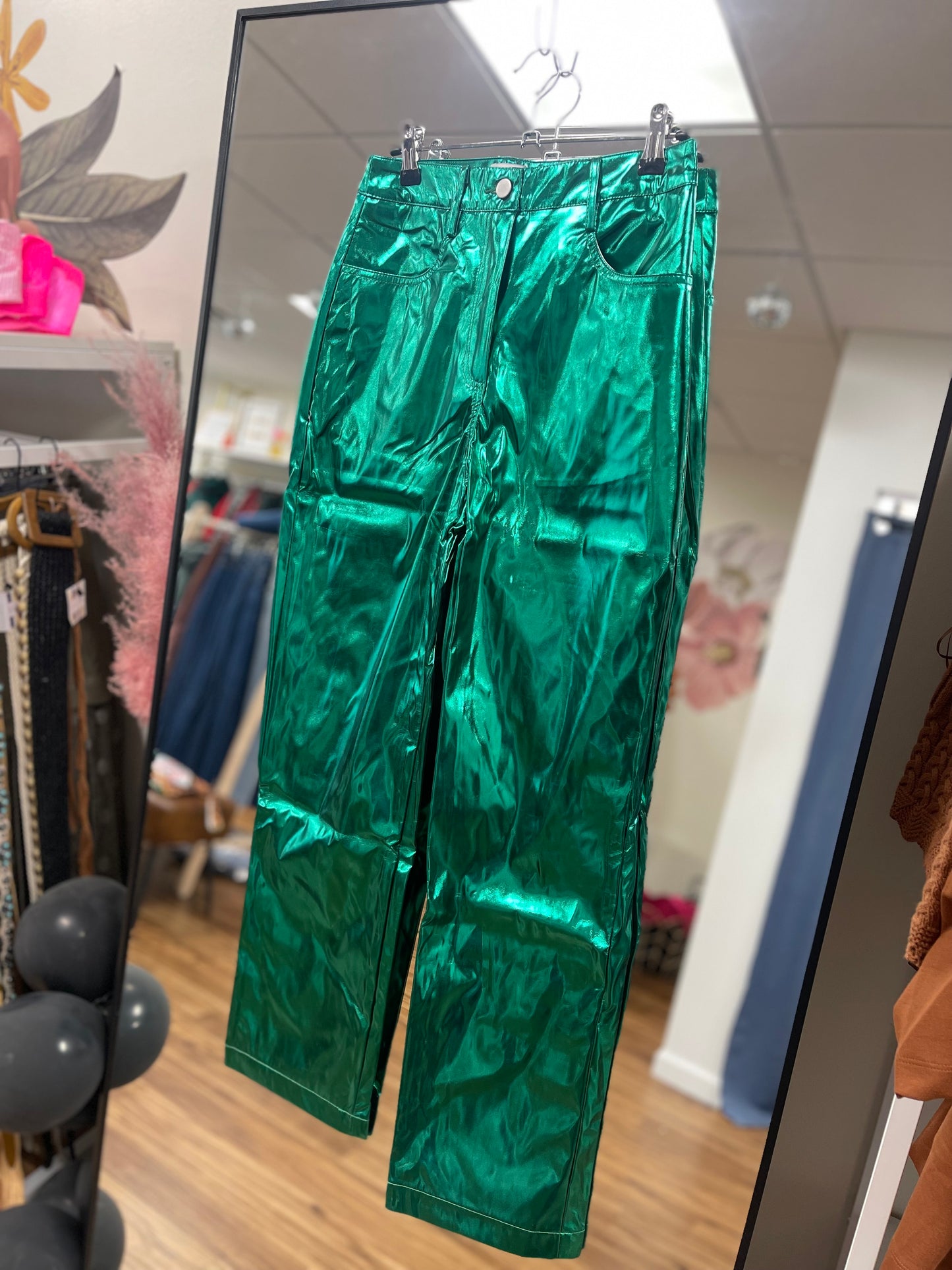 Forest Green Faux Leather Metallic Pants