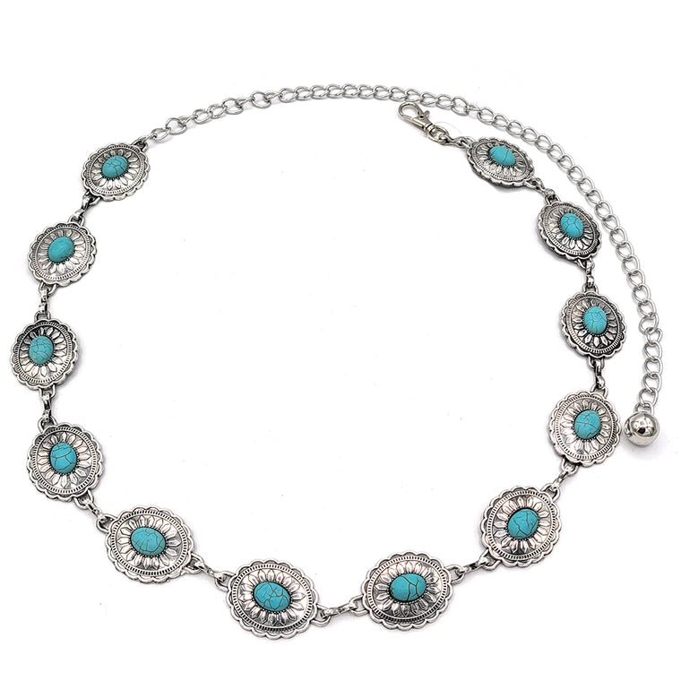 The West Floral Turquoise Concho Silver Disc Chain Belt
