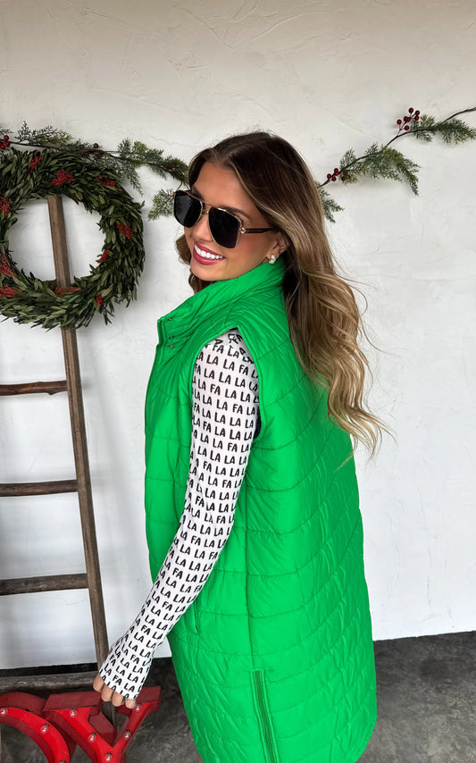 Kendall Long Puffer Vest in Green [[PRE-ORDER]]