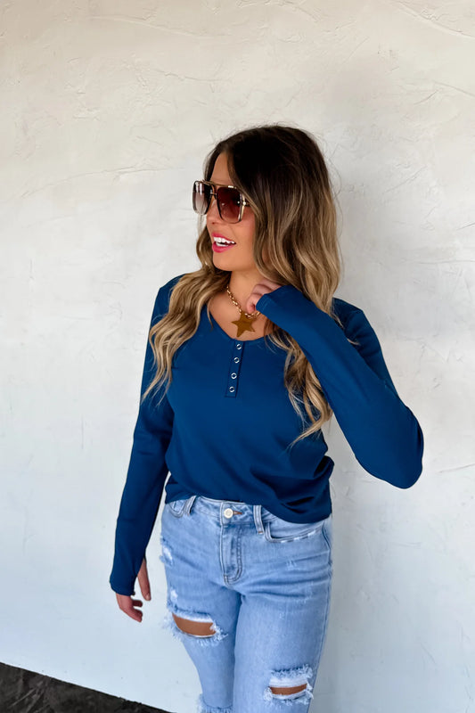 Brooklyn Snap Henley Top in Blue [[PRE-ORDER]]