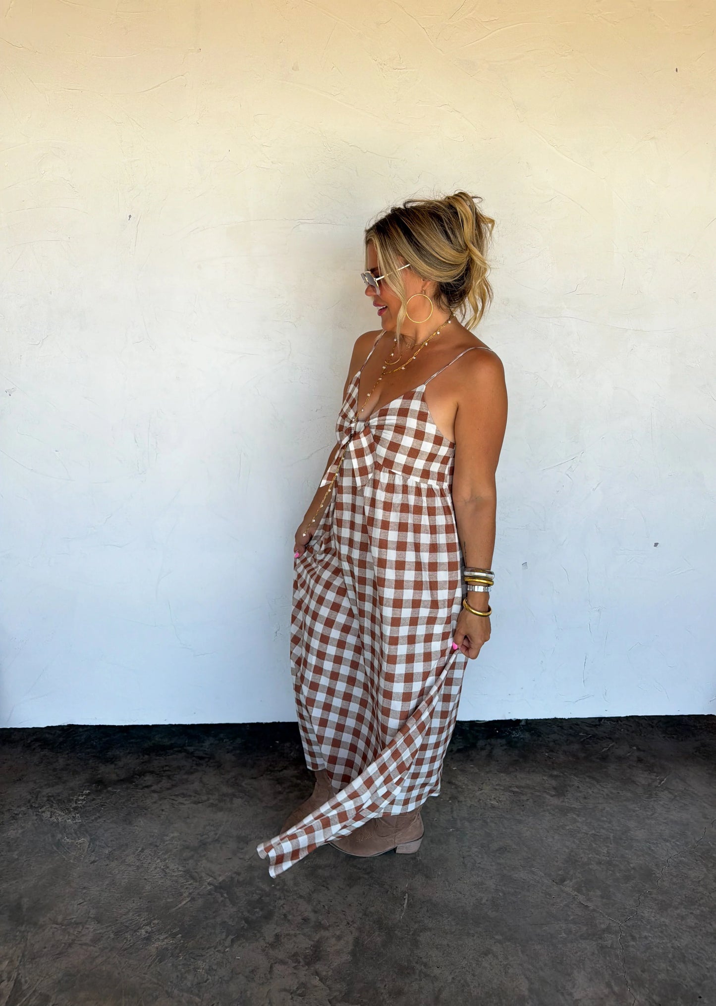 Western Charm Maxi Dress - Brown Gingham